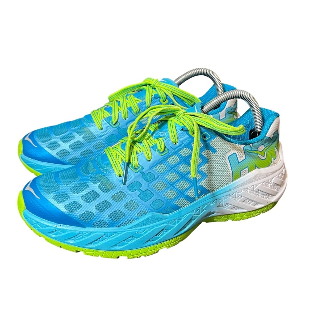 Hoka One One Clayton Running Shoes Womens 10 Blue Lime Green Athletic Sneakers